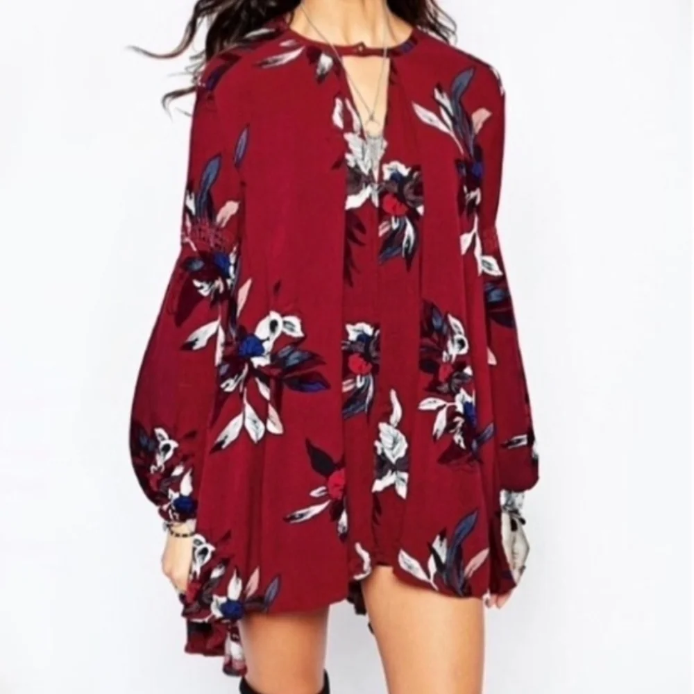 Free People Floral Electric Orchid Maroon Red Keyhole Tunic Dress Boho Casual XS